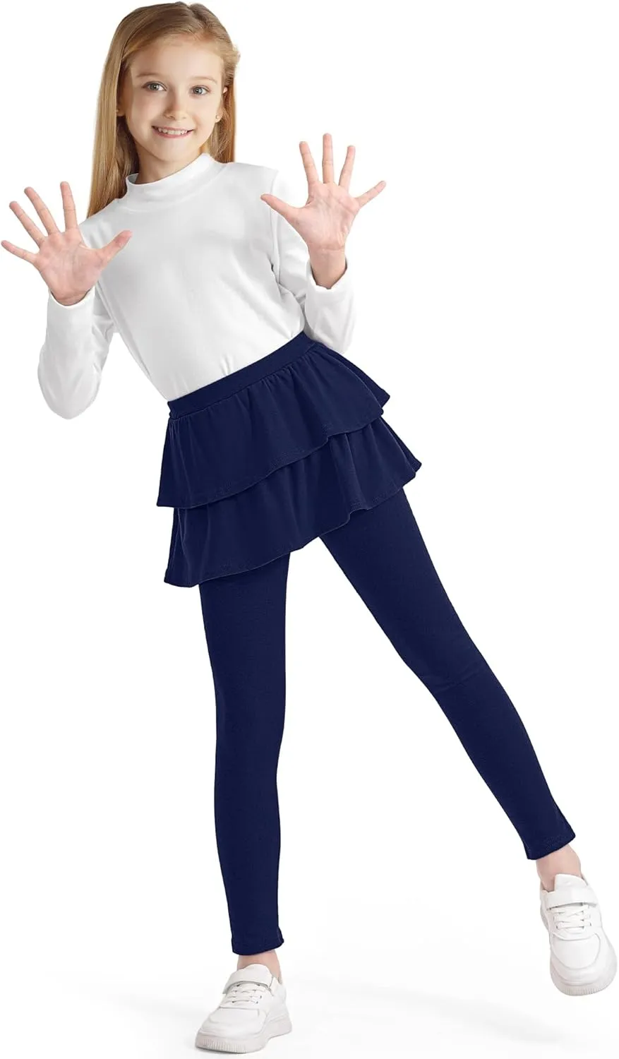 Girls Leggings with Skirts School Uniform Athletic Stretchy Tutu Pants Kids Warm Ruffle Clothes 2-Pack