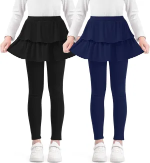 Girls Leggings with Skirts School Uniform Athletic Stretchy Tutu Pants Kids Warm Ruffle Clothes 2-Pack