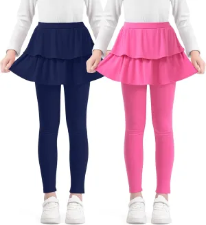 Girls Leggings with Skirts School Uniform Athletic Stretchy Tutu Pants Kids Warm Ruffle Clothes 2-Pack