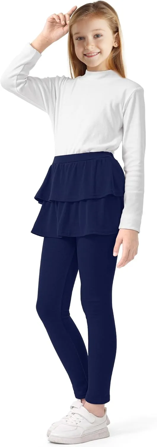 Girls Leggings with Skirts School Uniform Athletic Stretchy Tutu Pants Kids Warm Ruffle Clothes 2-Pack