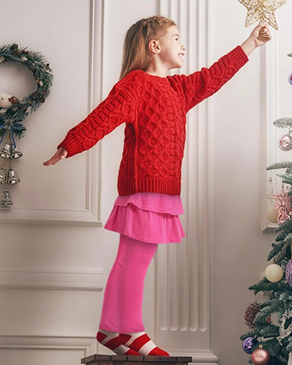 Girls Leggings with Skirts School Uniform Athletic Stretchy Tutu Pants Kids Warm Ruffle Clothes 2-Pack