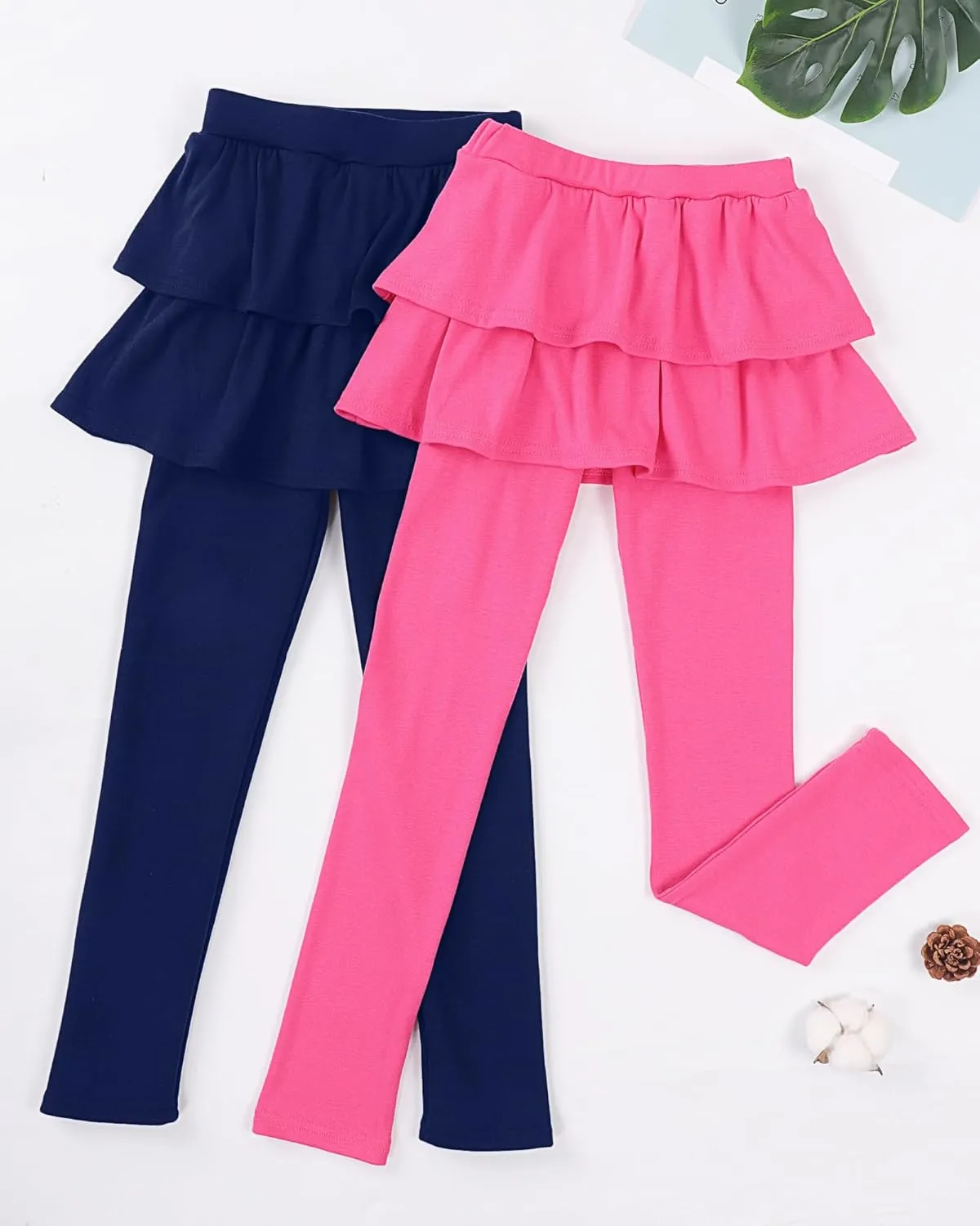 Girls Leggings with Skirts School Uniform Athletic Stretchy Tutu Pants Kids Warm Ruffle Clothes 2-Pack