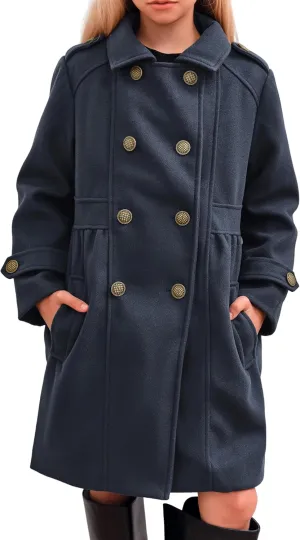 Girls Winter Dress Coat Kids Fashion Button Down Lapel Jacket Outerwear with Pockets 5-14 Years
