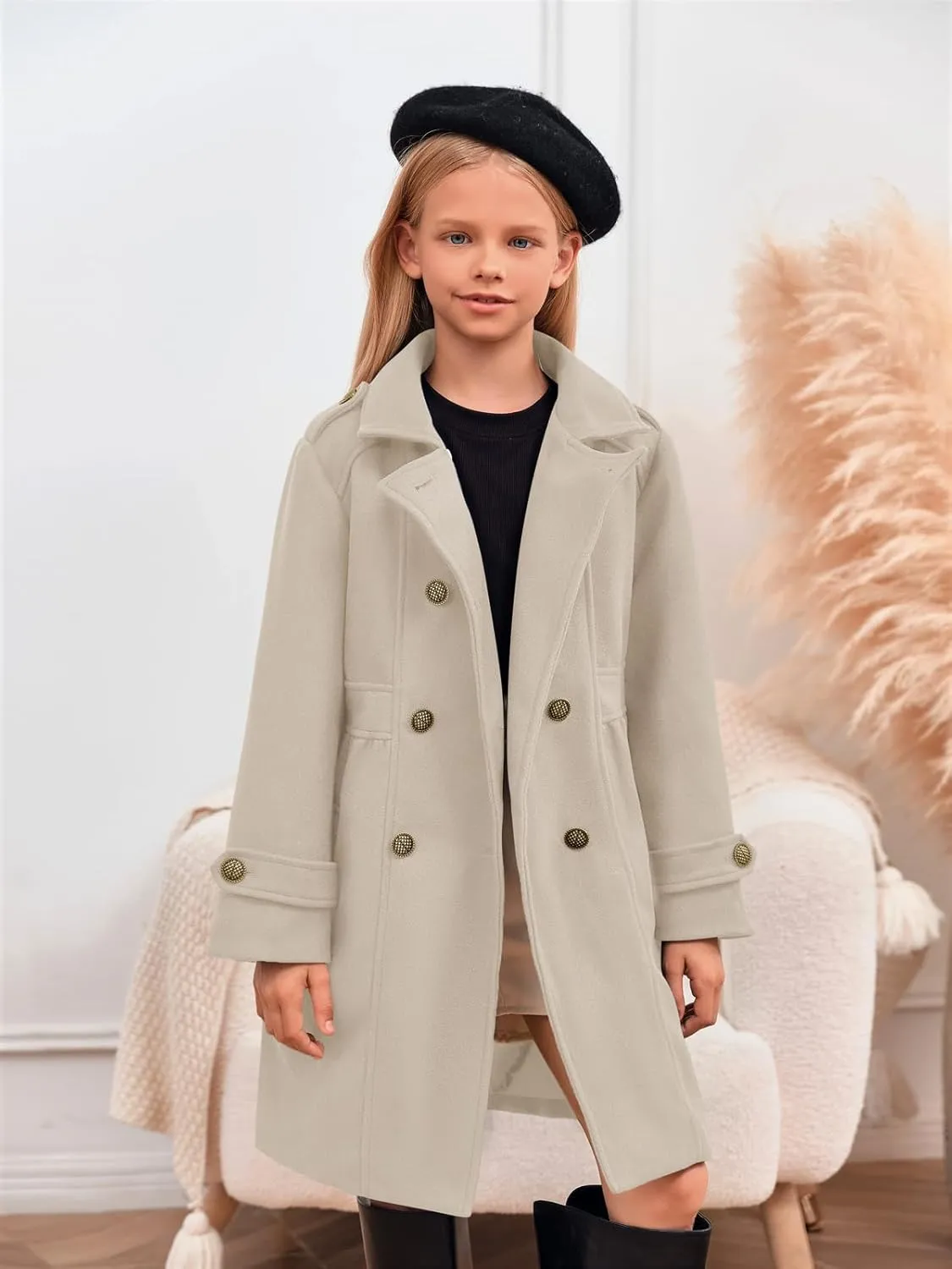 Girls Winter Dress Coat Kids Fashion Button Down Lapel Jacket Outerwear with Pockets 5-14 Years