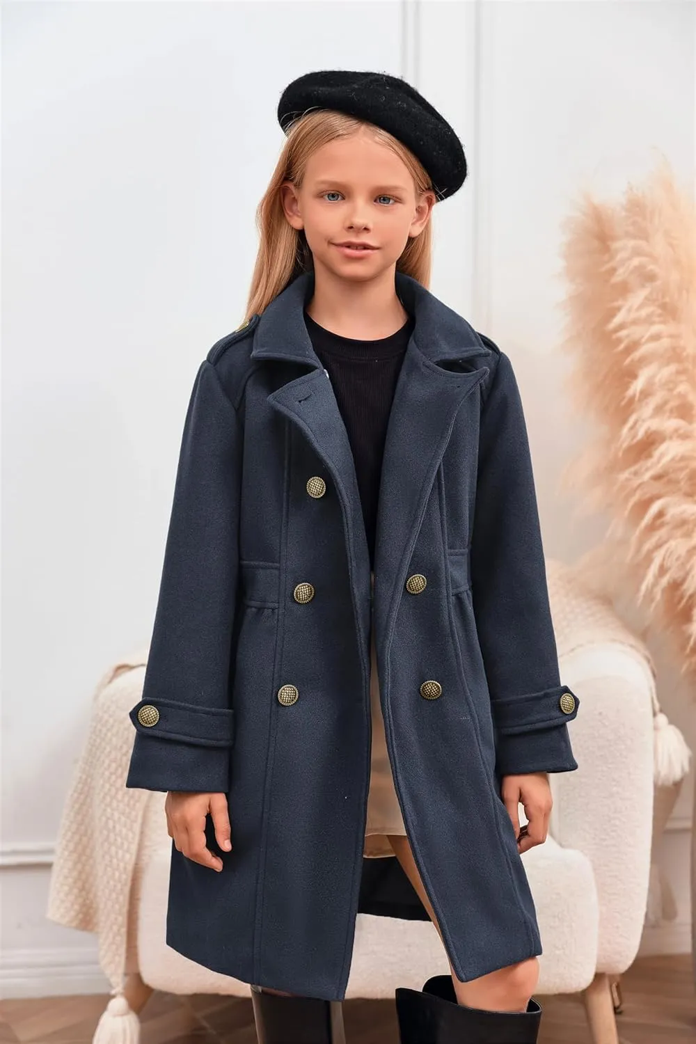 Girls Winter Dress Coat Kids Fashion Button Down Lapel Jacket Outerwear with Pockets 5-14 Years