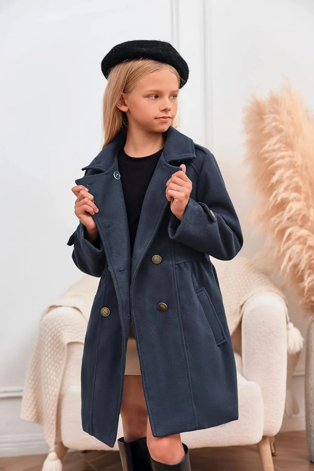 Girls Winter Dress Coat Kids Fashion Button Down Lapel Jacket Outerwear with Pockets 5-14 Years
