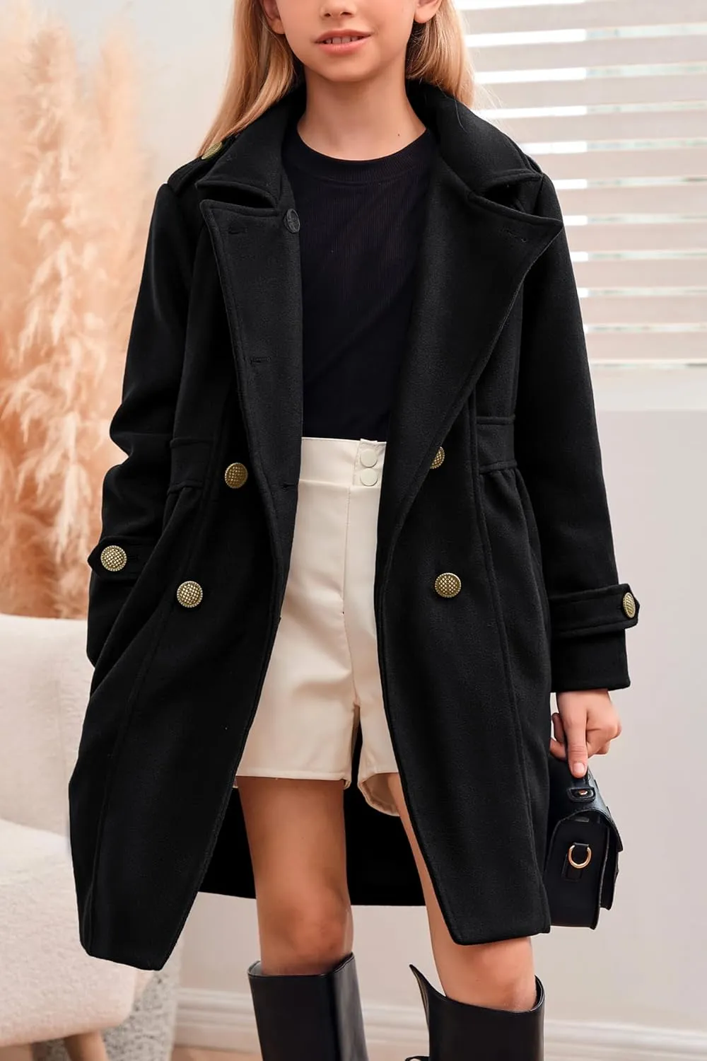 Girls Winter Dress Coat Kids Fashion Button Down Lapel Jacket Outerwear with Pockets 5-14 Years