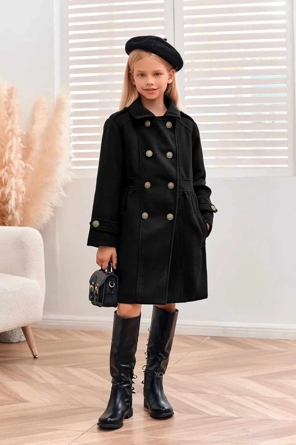 Girls Winter Dress Coat Kids Fashion Button Down Lapel Jacket Outerwear with Pockets 5-14 Years