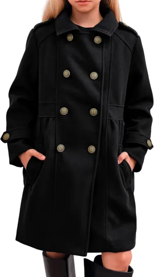 Girls Winter Dress Coat Kids Fashion Button Down Lapel Jacket Outerwear with Pockets 5-14 Years