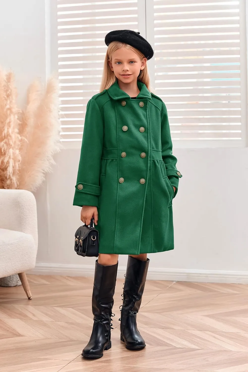 Girls Winter Dress Coat Kids Fashion Button Down Lapel Jacket Outerwear with Pockets 5-14 Years