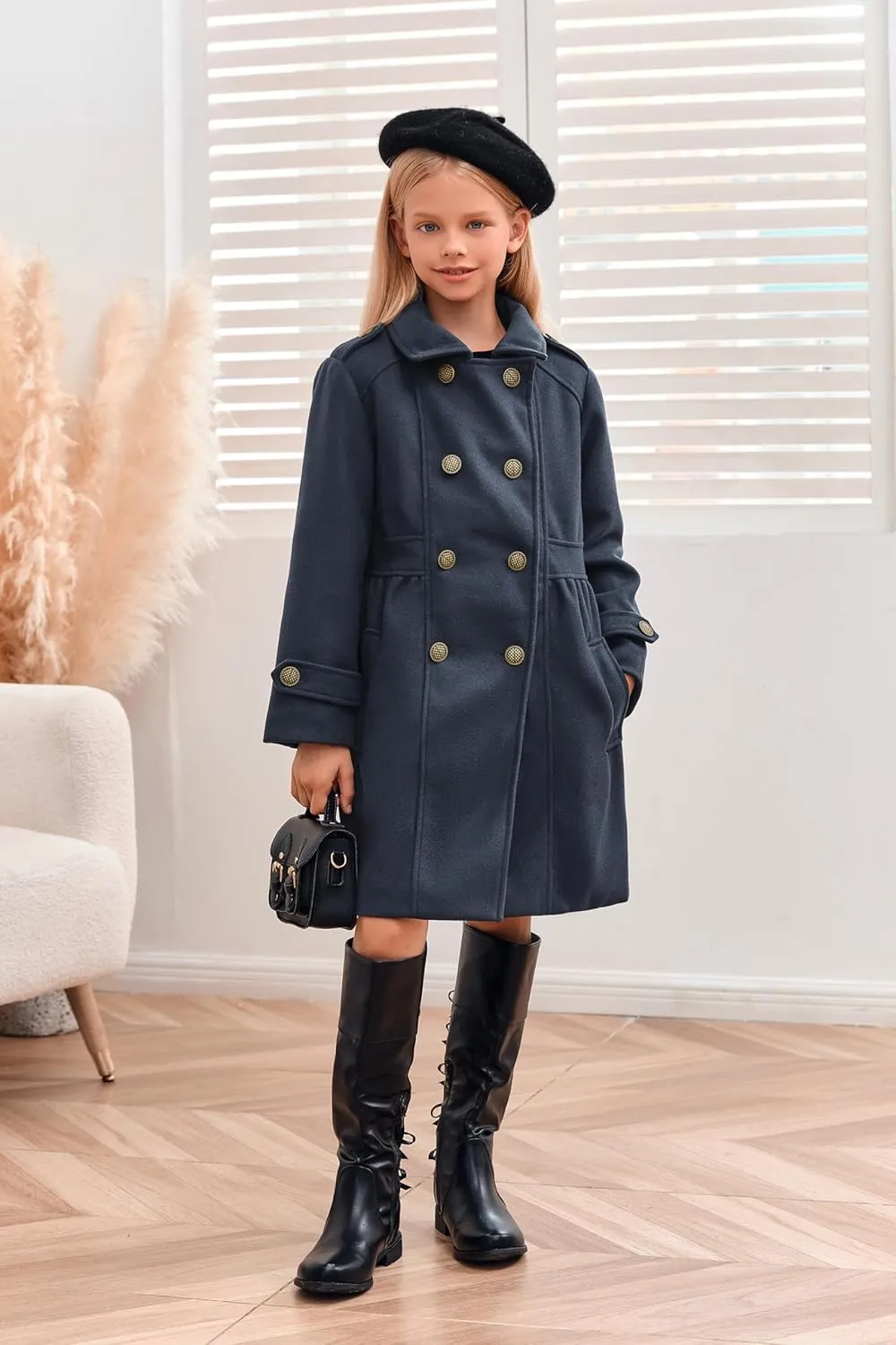 Girls Winter Dress Coat Kids Fashion Button Down Lapel Jacket Outerwear with Pockets 5-14 Years
