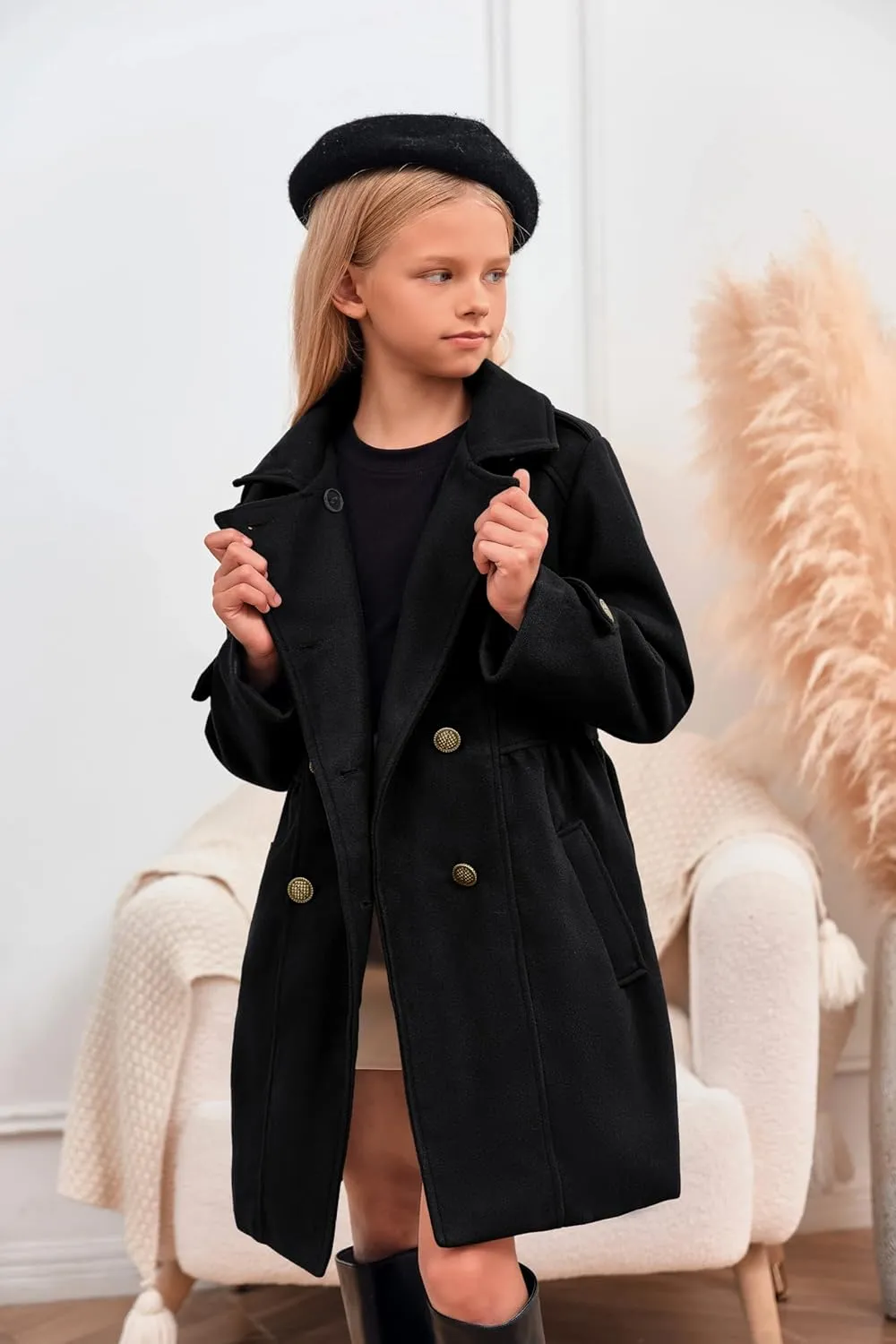 Girls Winter Dress Coat Kids Fashion Button Down Lapel Jacket Outerwear with Pockets 5-14 Years