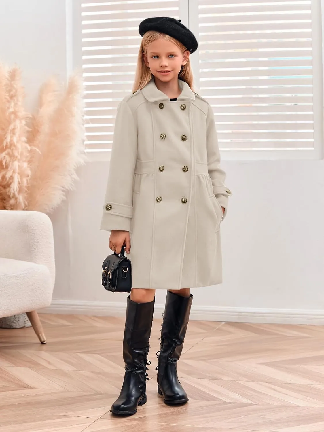 Girls Winter Dress Coat Kids Fashion Button Down Lapel Jacket Outerwear with Pockets 5-14 Years