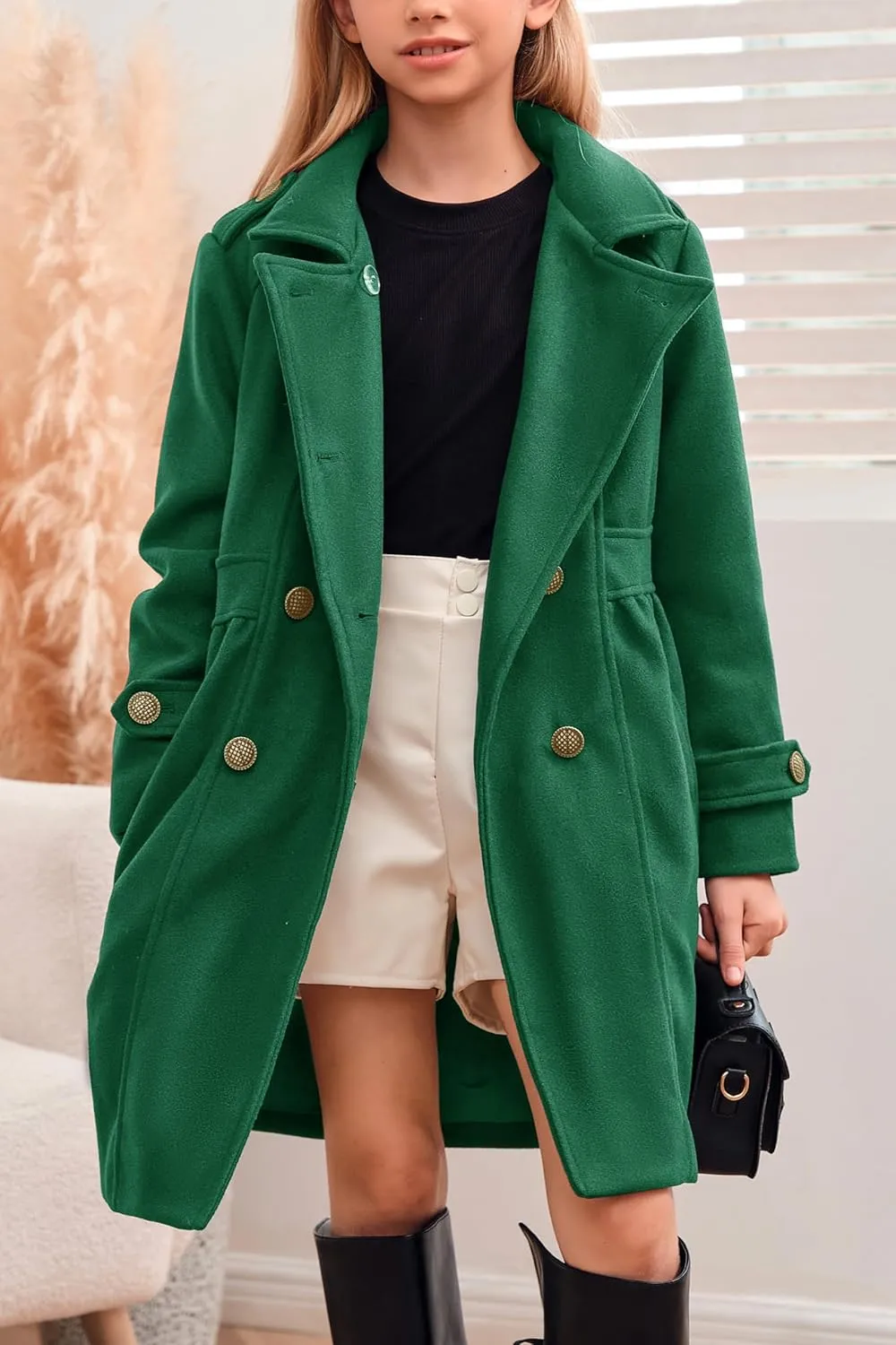 Girls Winter Dress Coat Kids Fashion Button Down Lapel Jacket Outerwear with Pockets 5-14 Years