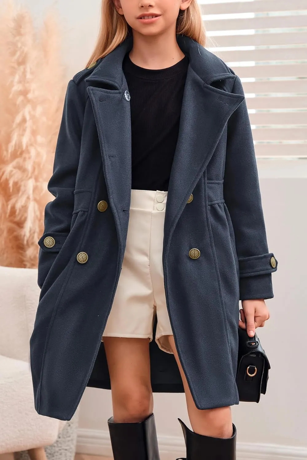 Girls Winter Dress Coat Kids Fashion Button Down Lapel Jacket Outerwear with Pockets 5-14 Years