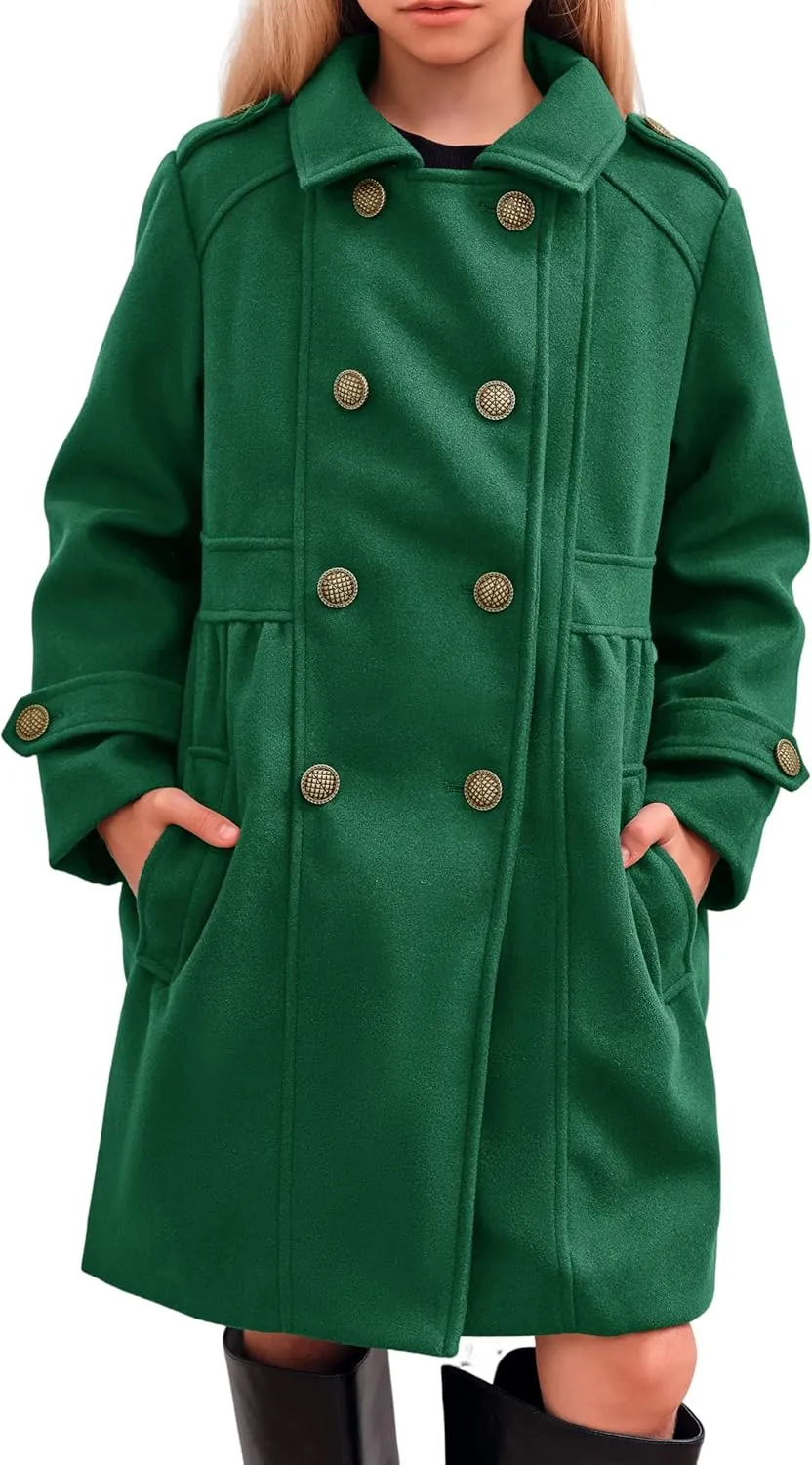 Girls Winter Dress Coat Kids Fashion Button Down Lapel Jacket Outerwear with Pockets 5-14 Years