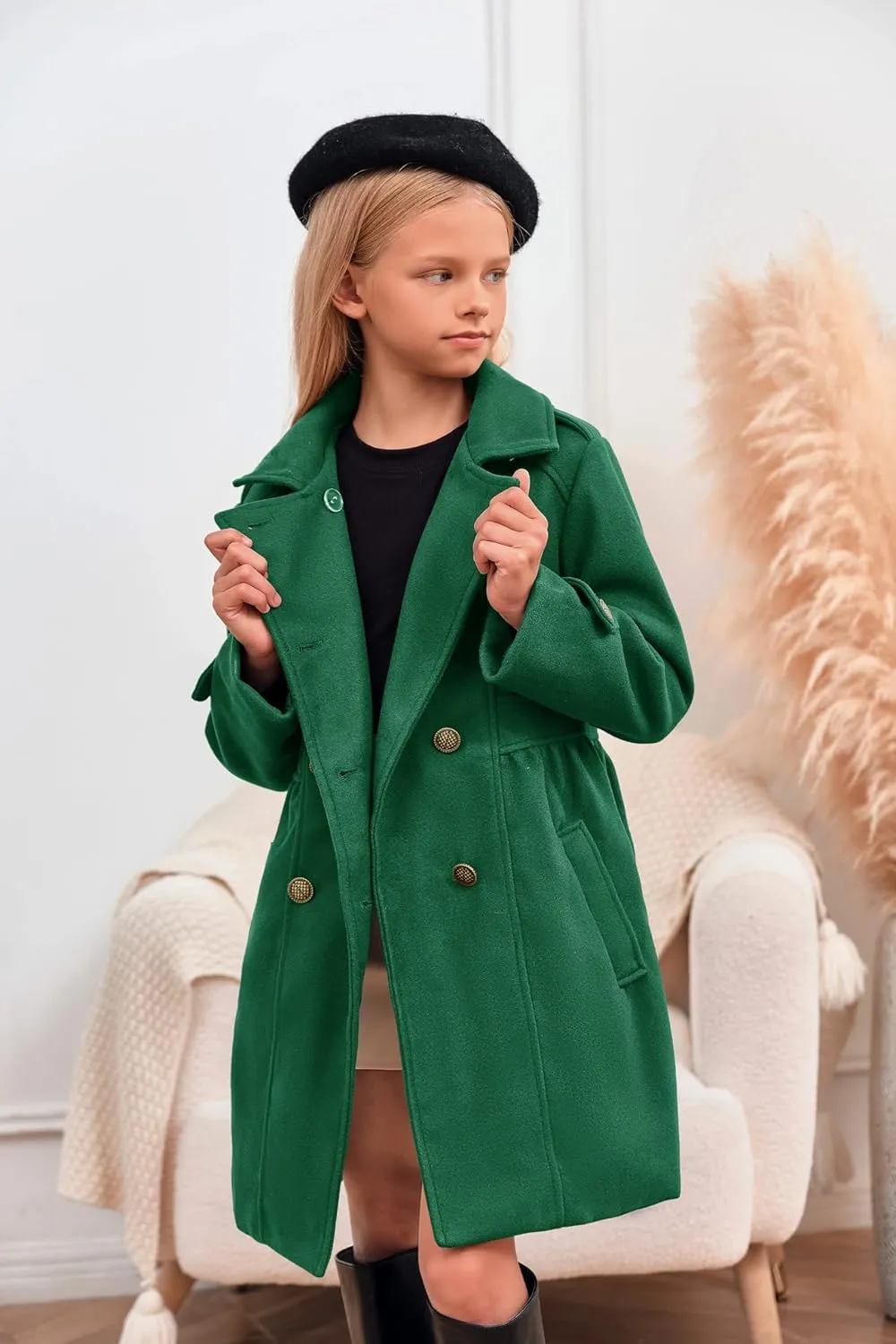 Girls Winter Dress Coat Kids Fashion Button Down Lapel Jacket Outerwear with Pockets 5-14 Years