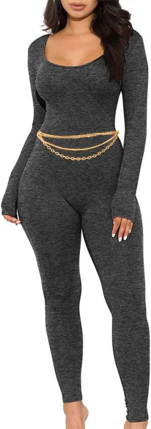 GOKATOSAU Women's Sexy Long Sleeve Bodycon Solid Outfits Club Rompers Jumpsuits