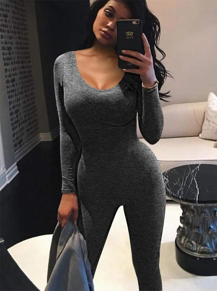 GOKATOSAU Women's Sexy Long Sleeve Bodycon Solid Outfits Club Rompers Jumpsuits
