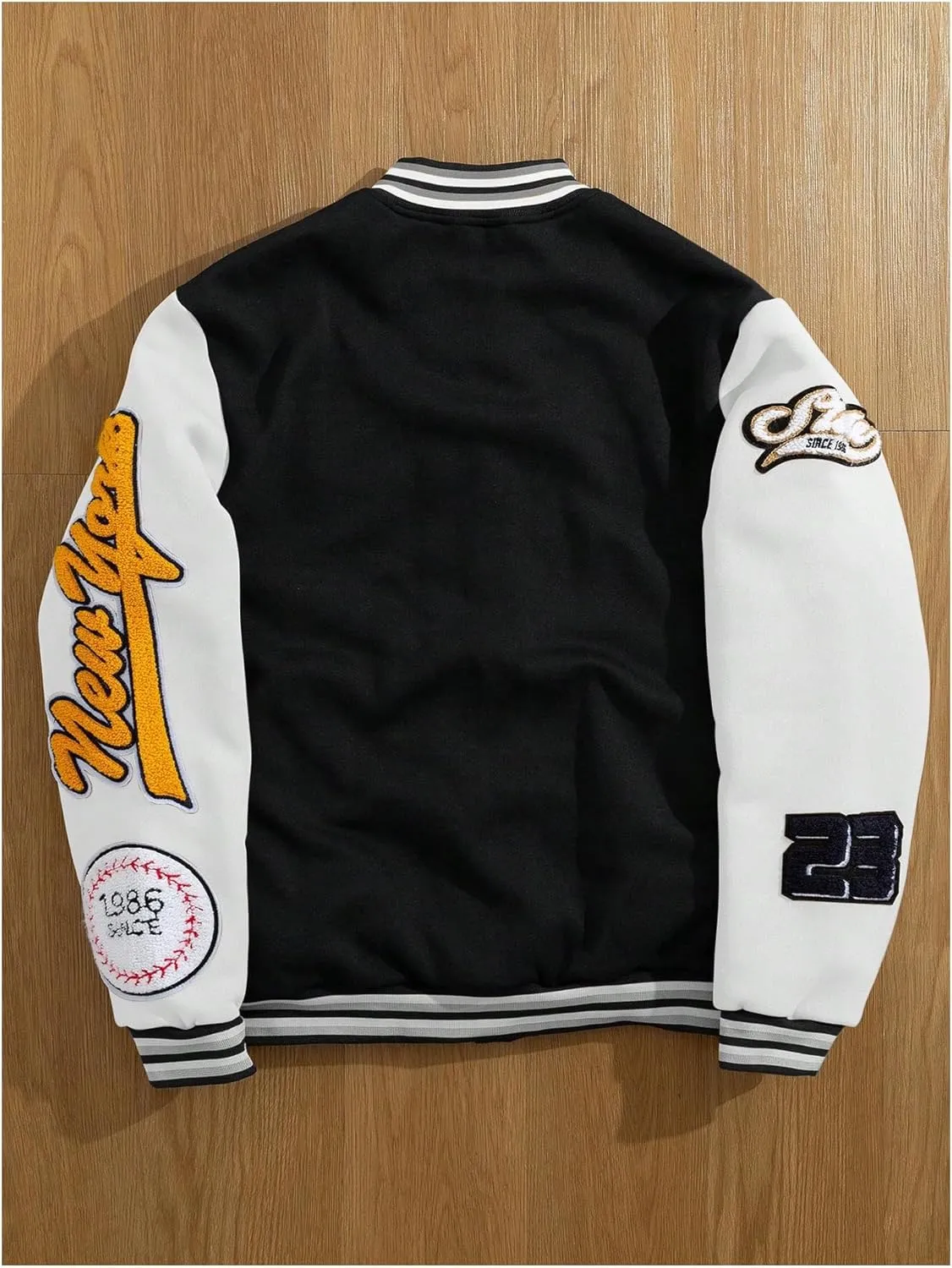 GORGLITTER Men's Letter Graphic Varsity Jacket Long Sleeve Striped Trim Button Bomber Jackets