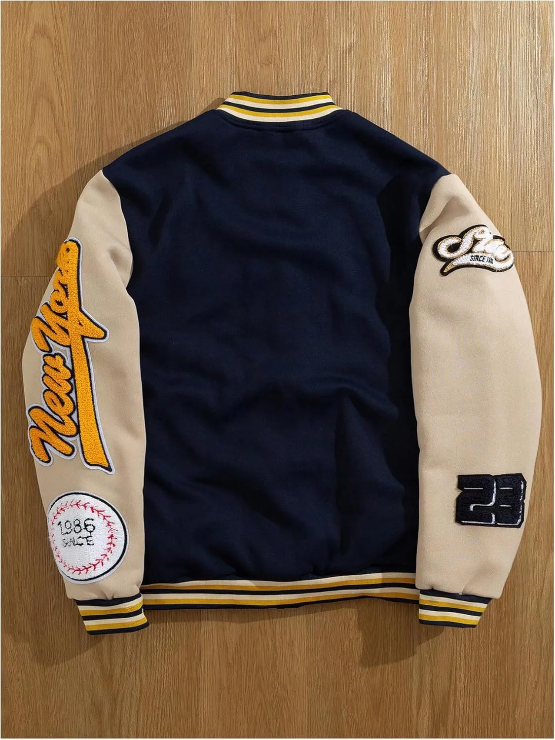 GORGLITTER Men's Letter Graphic Varsity Jacket Long Sleeve Striped Trim Button Bomber Jackets