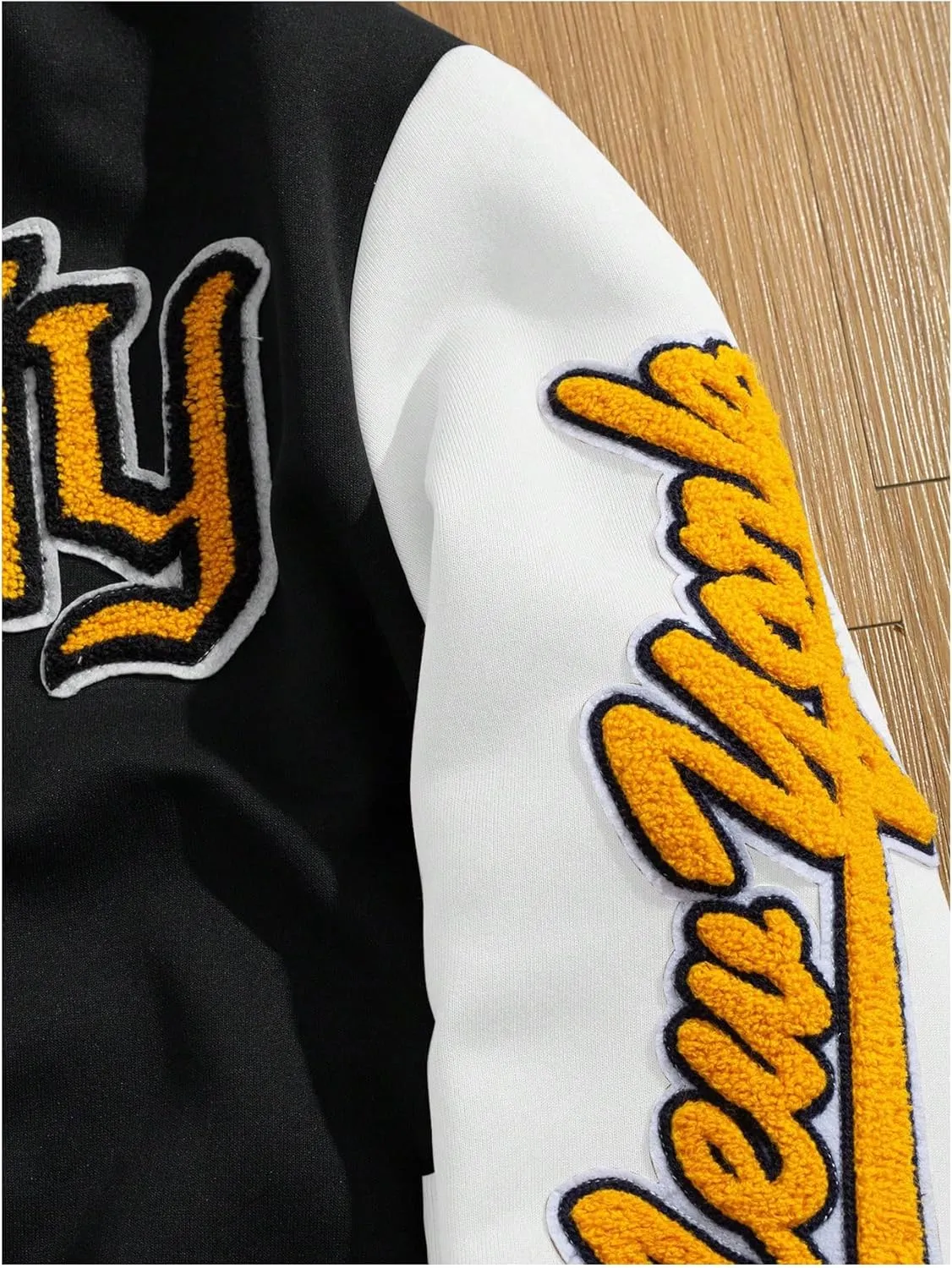 GORGLITTER Men's Letter Graphic Varsity Jacket Long Sleeve Striped Trim Button Bomber Jackets