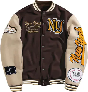 GORGLITTER Men's Letter Graphic Varsity Jacket Long Sleeve Striped Trim Button Bomber Jackets