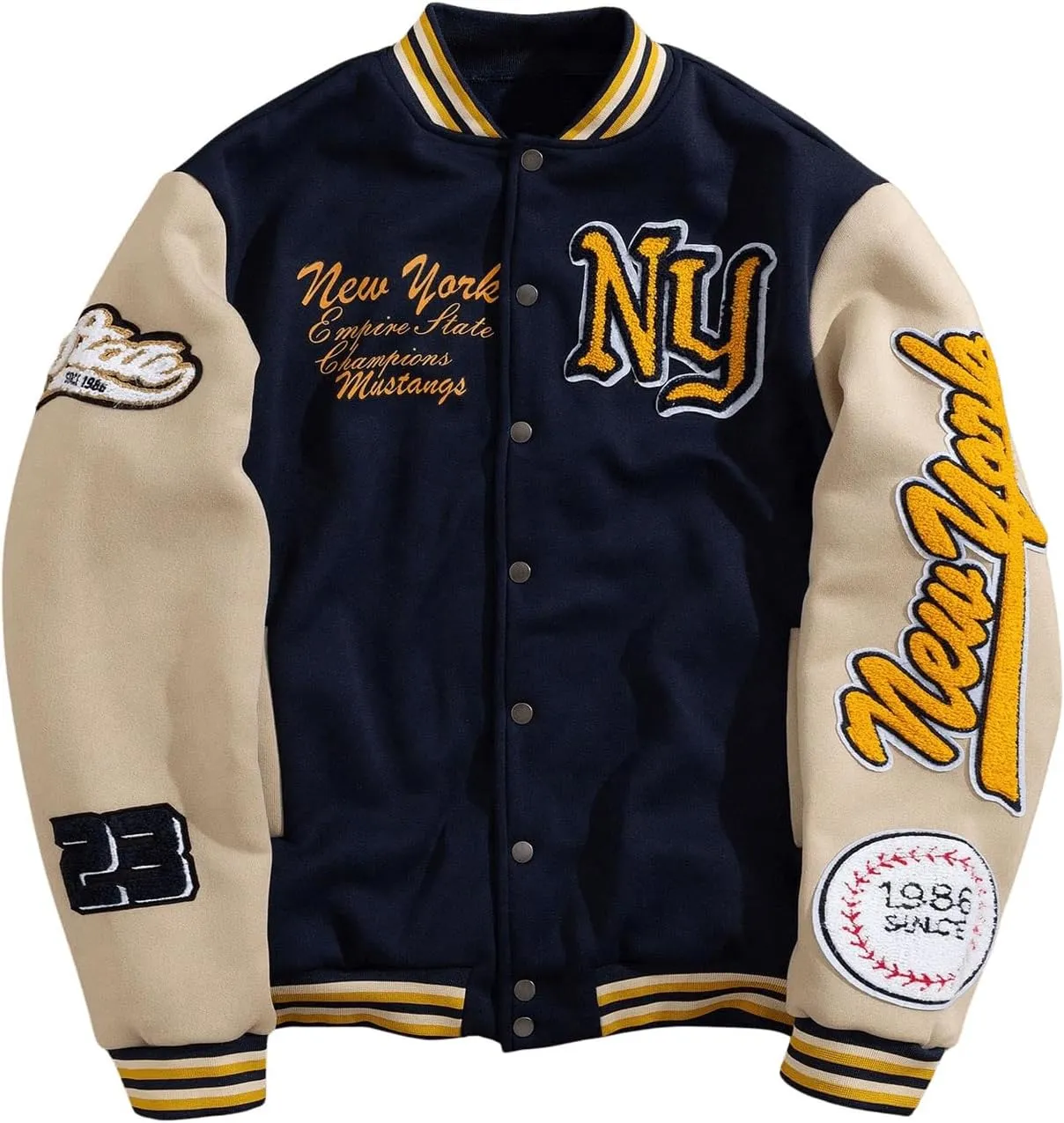 GORGLITTER Men's Letter Graphic Varsity Jacket Long Sleeve Striped Trim Button Bomber Jackets