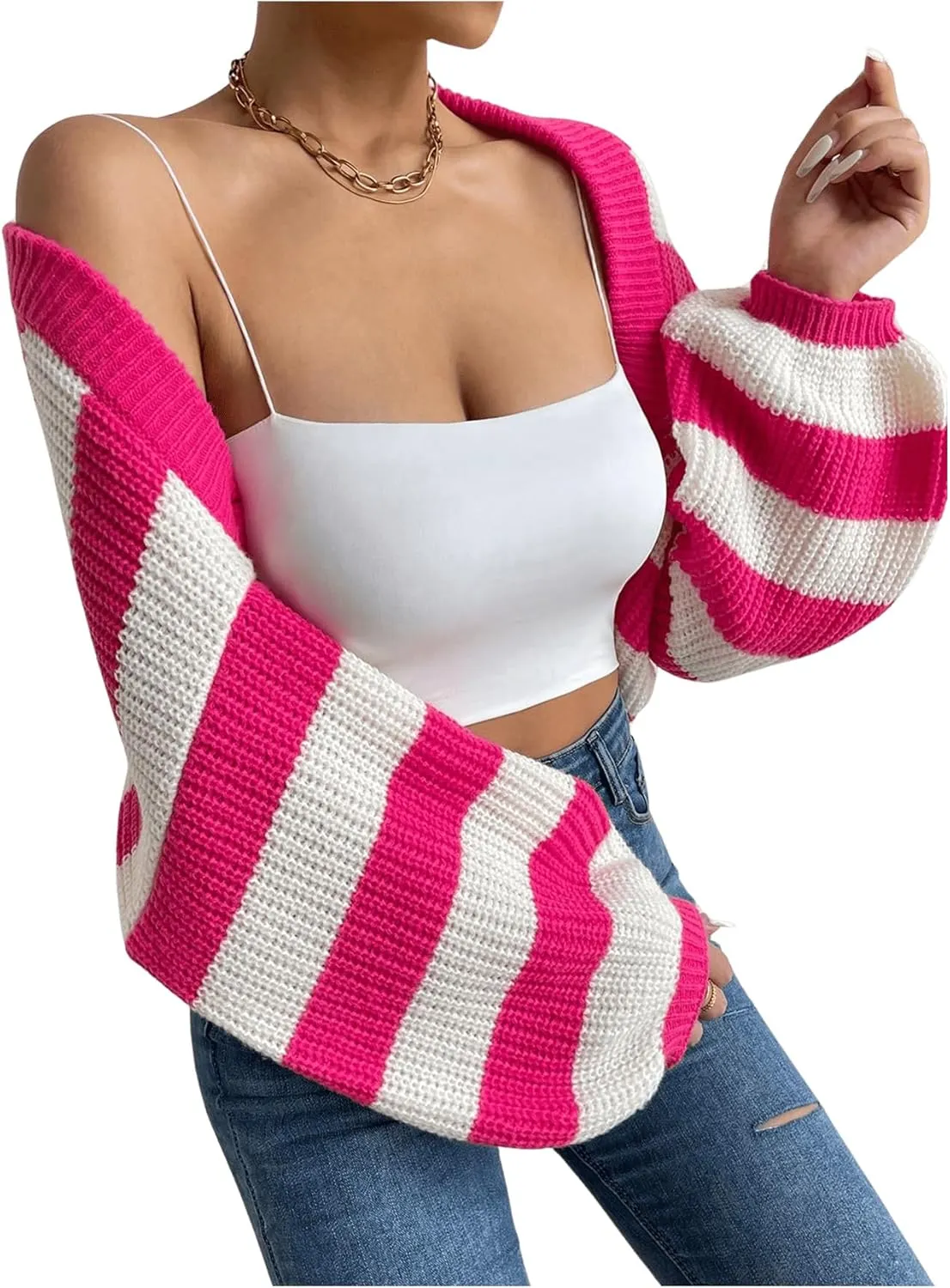 GORGLITTER Women's Color Block Striped Bolero Shrug Sweater Long Sleeve Open Front Crop Cardigan Top Outerwear