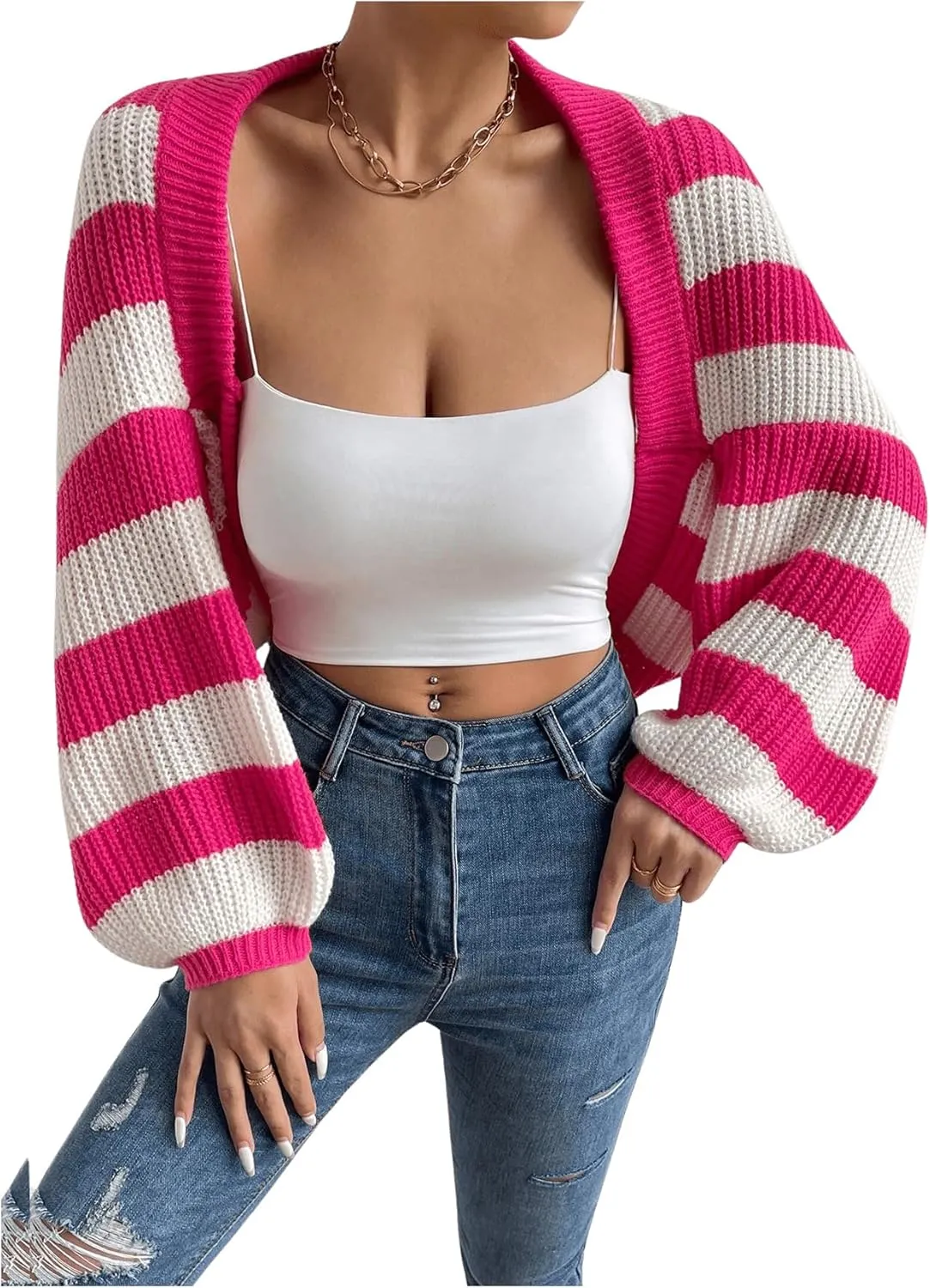 GORGLITTER Women's Color Block Striped Bolero Shrug Sweater Long Sleeve Open Front Crop Cardigan Top Outerwear