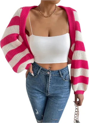 GORGLITTER Women's Color Block Striped Bolero Shrug Sweater Long Sleeve Open Front Crop Cardigan Top Outerwear