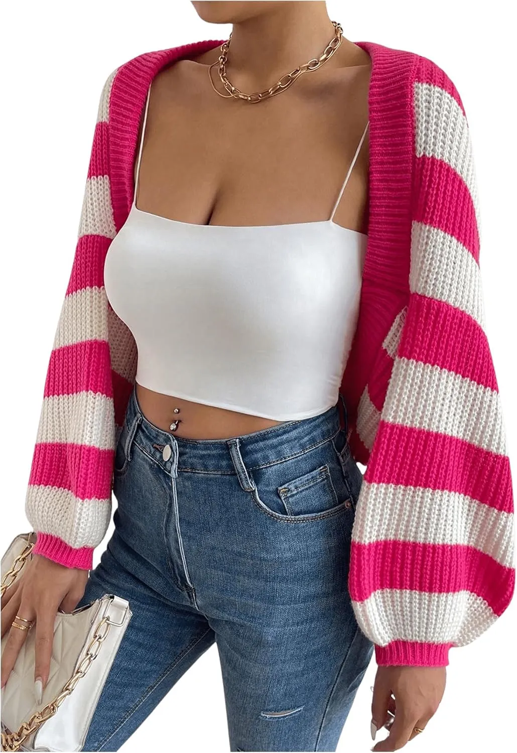 GORGLITTER Women's Color Block Striped Bolero Shrug Sweater Long Sleeve Open Front Crop Cardigan Top Outerwear