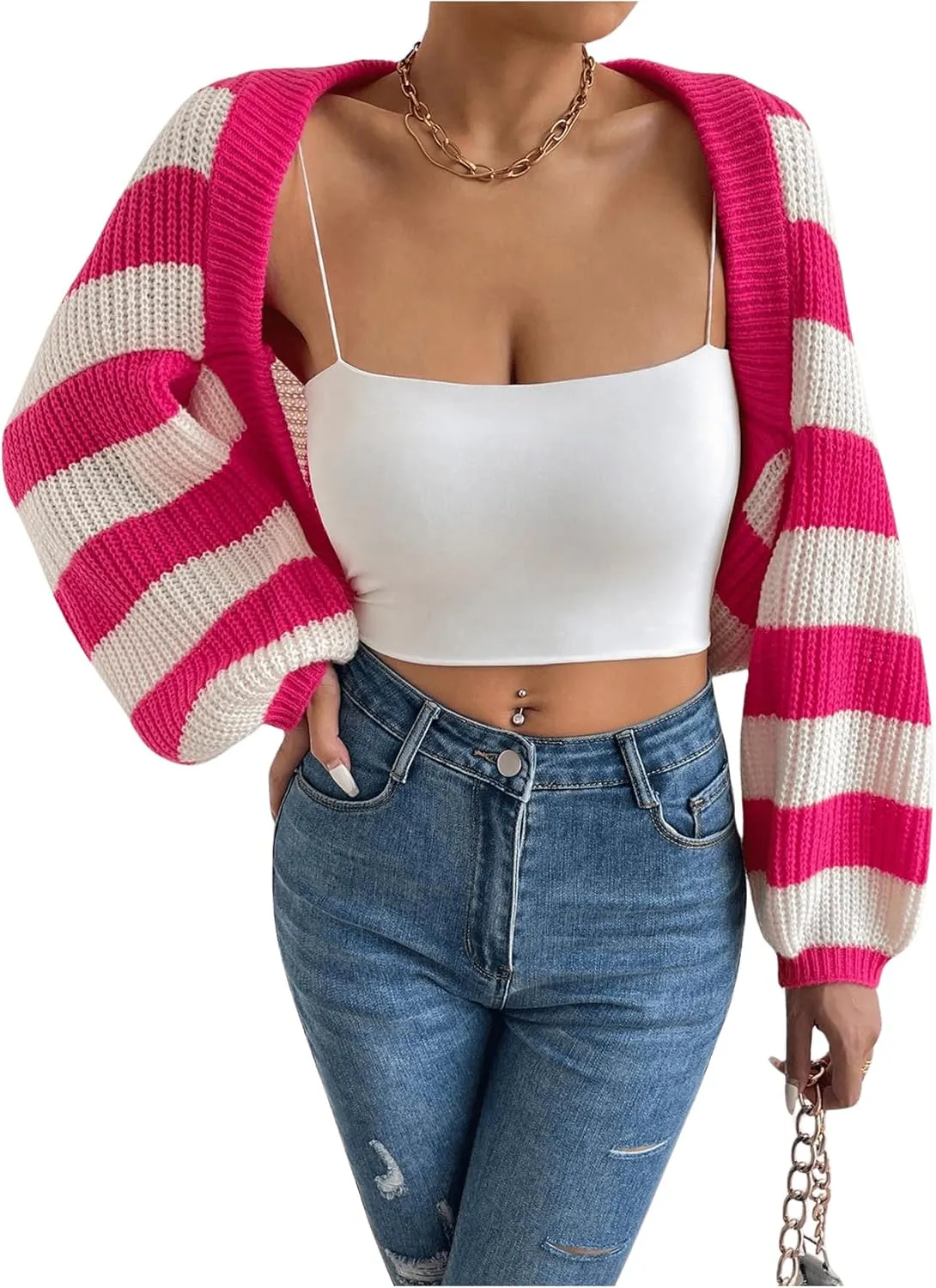 GORGLITTER Women's Color Block Striped Bolero Shrug Sweater Long Sleeve Open Front Crop Cardigan Top Outerwear