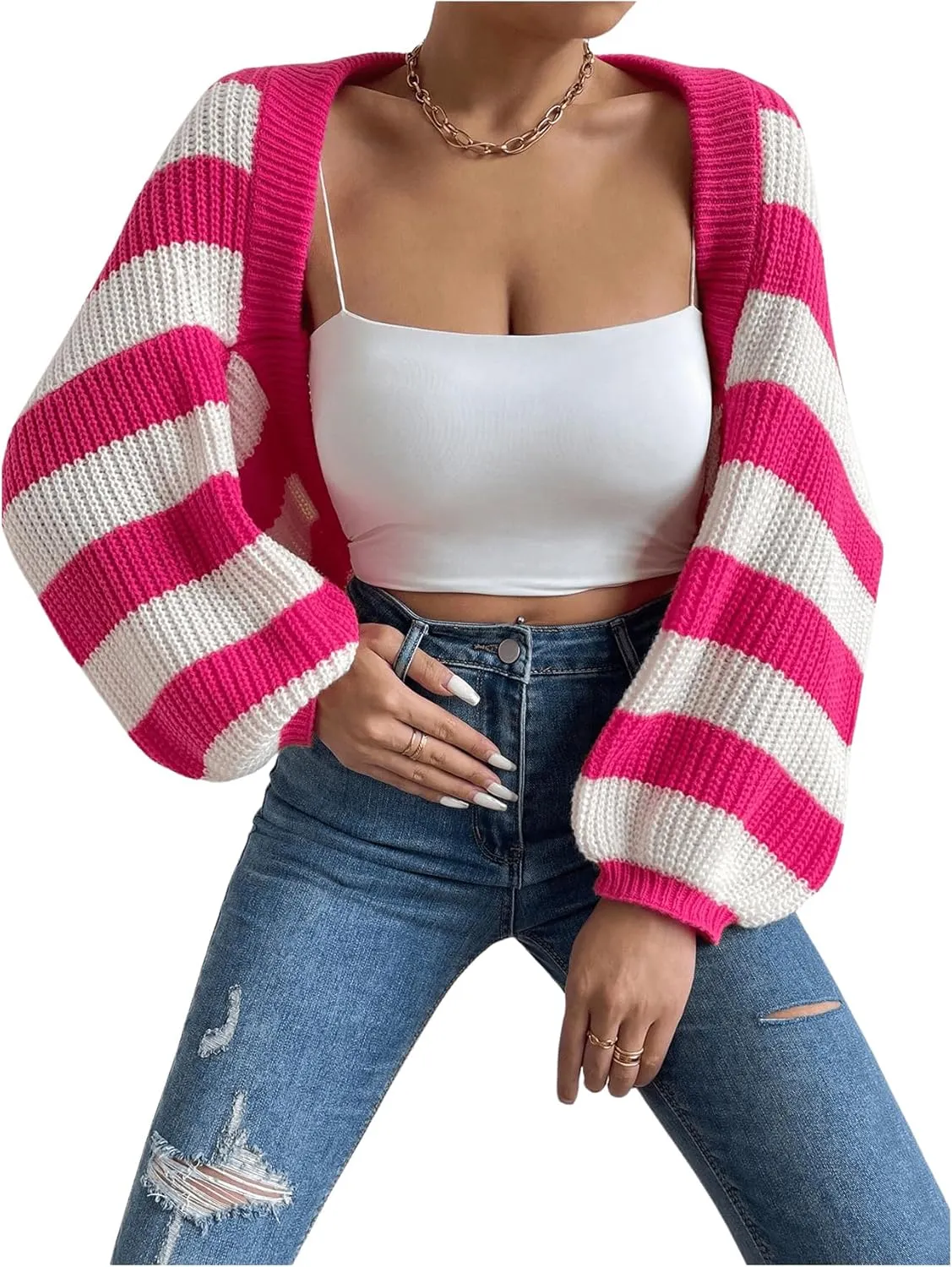 GORGLITTER Women's Color Block Striped Bolero Shrug Sweater Long Sleeve Open Front Crop Cardigan Top Outerwear