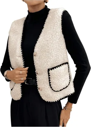 GORGLITTER Women's Fuzzy Vest Outerwear Trendy Fall Fleece Sherpa Vest Sleeveless Old Money Coat Vests
