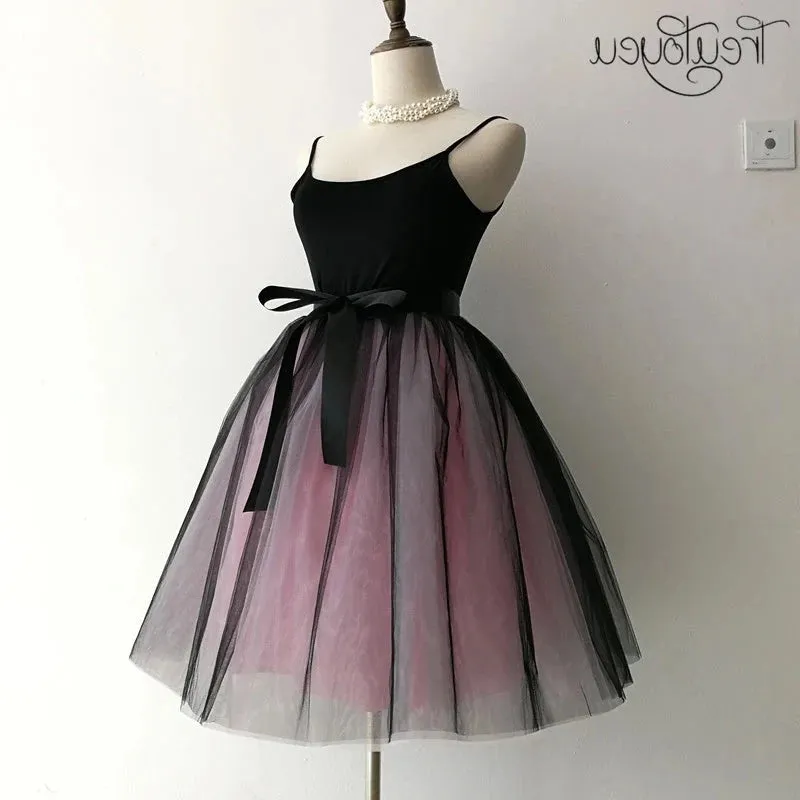 Gothic 7 Layers 65cm Mix Colors Tutu Tulle Skirt Women Streetwear High Waist Pleated Midi Skirts spudniczki jupe rokken faldas
