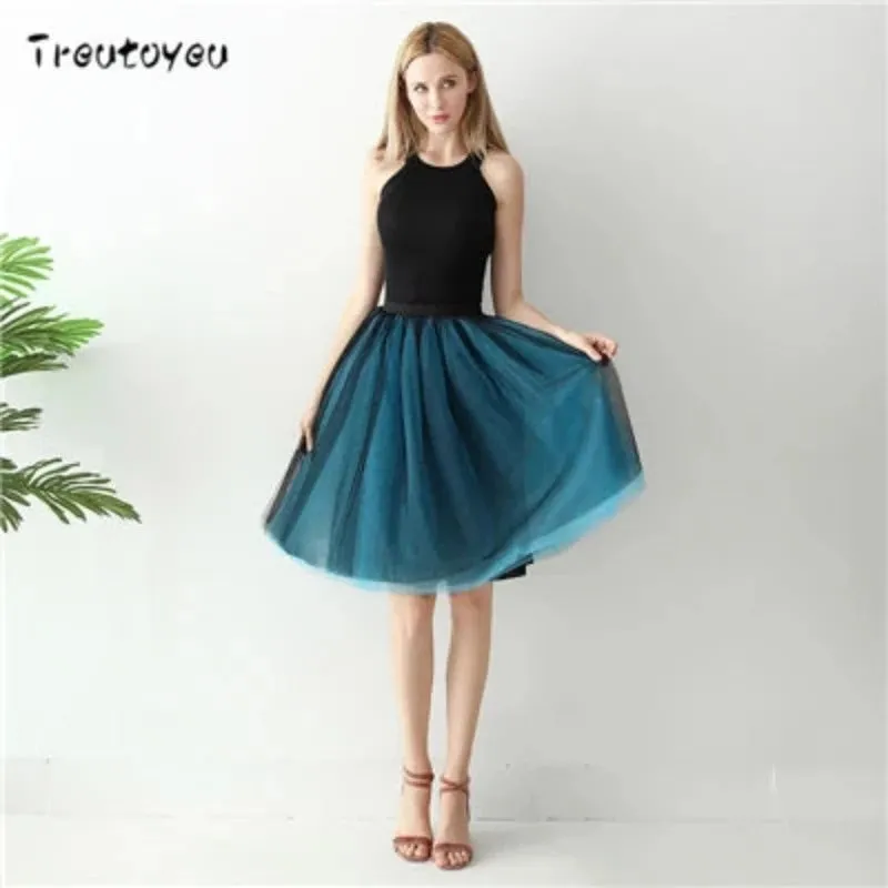 Gothic 7 Layers 65cm Mix Colors Tutu Tulle Skirt Women Streetwear High Waist Pleated Midi Skirts spudniczki jupe rokken faldas