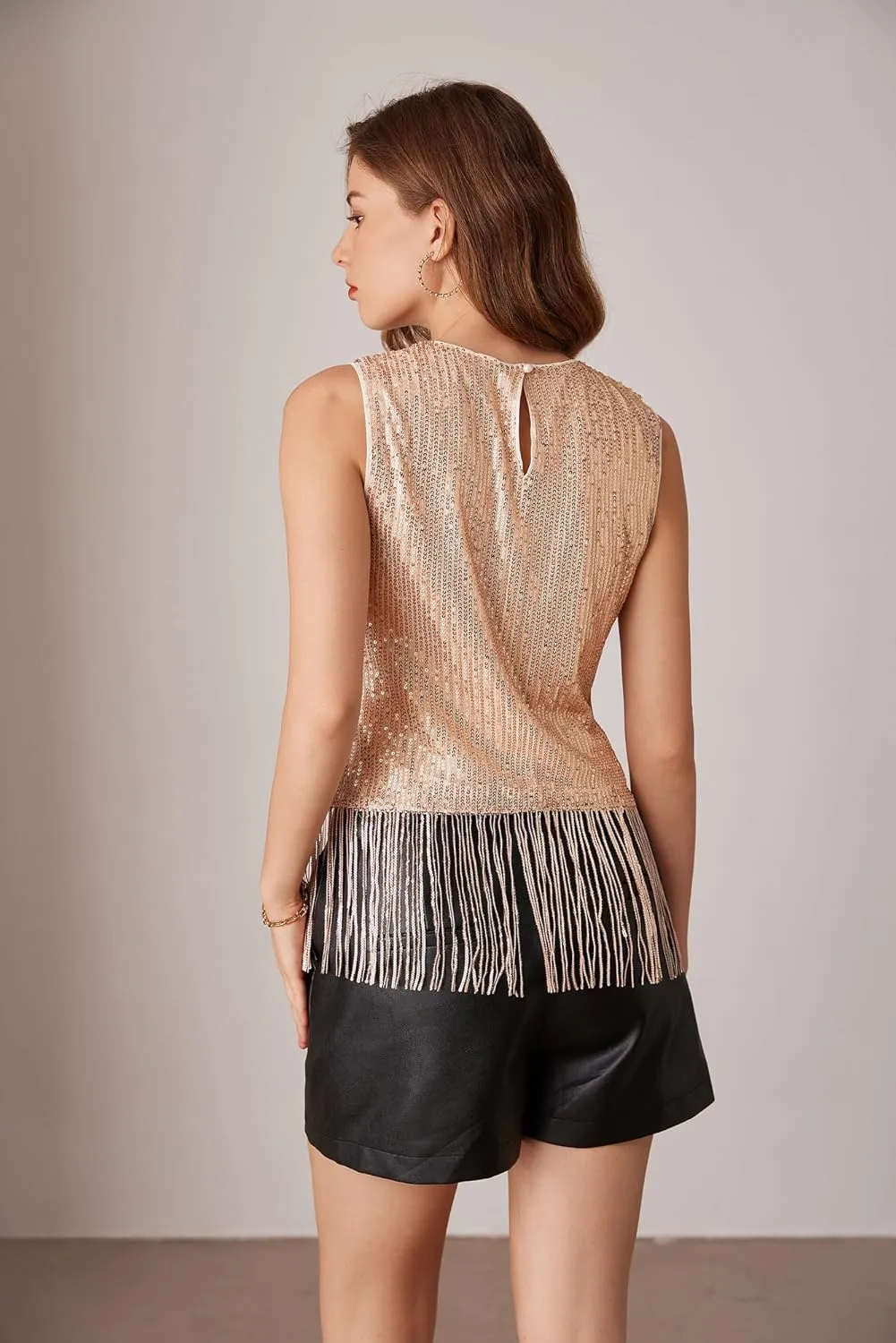 GRACE KARIN Sparkly Fringe Tops for Women Sleeveless Crewneck Tassel Sequin Tank Top Glitter Crop Party Shirt Cami Outfit