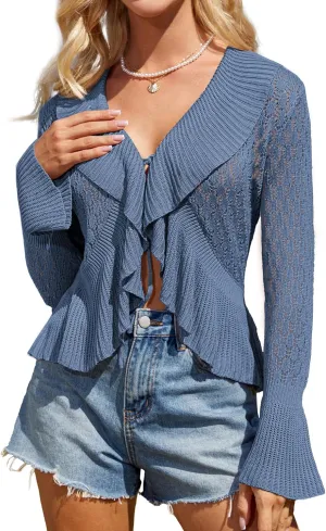 GRACE KARIN Women Hollow Out Cardigan Sweater Lapel Tie Front Crochet Knit Shrugs Long Bell Sleeves with Ruffled Hem
