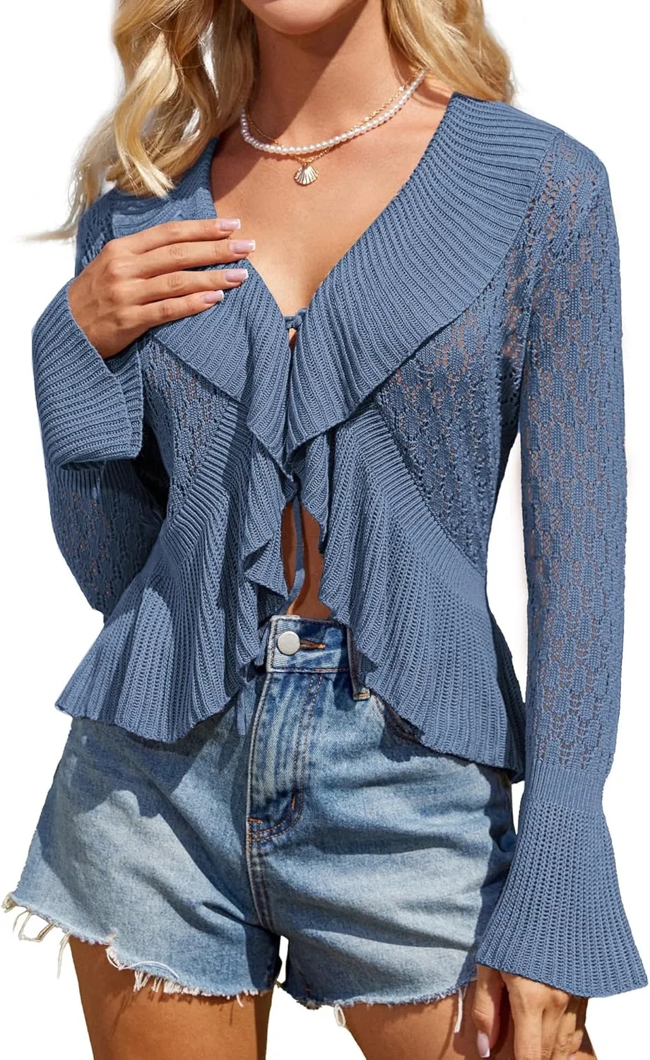 GRACE KARIN Women Hollow Out Cardigan Sweater Lapel Tie Front Crochet Knit Shrugs Long Bell Sleeves with Ruffled Hem