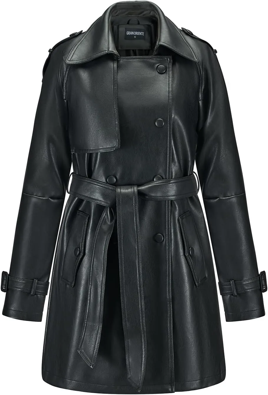 GRAN ORIENTE Women's Faux Leather Trench Coat Overcoat with Detachable Fur Collar,Winter Mid Length Pea Coat Belted Jacket