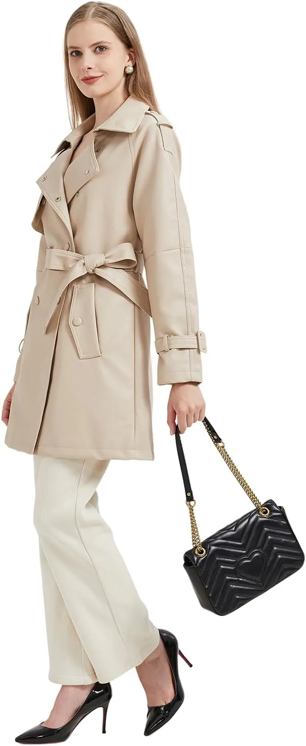 GRAN ORIENTE Women's Faux Leather Trench Coat Overcoat with Detachable Fur Collar,Winter Mid Length Pea Coat Belted Jacket