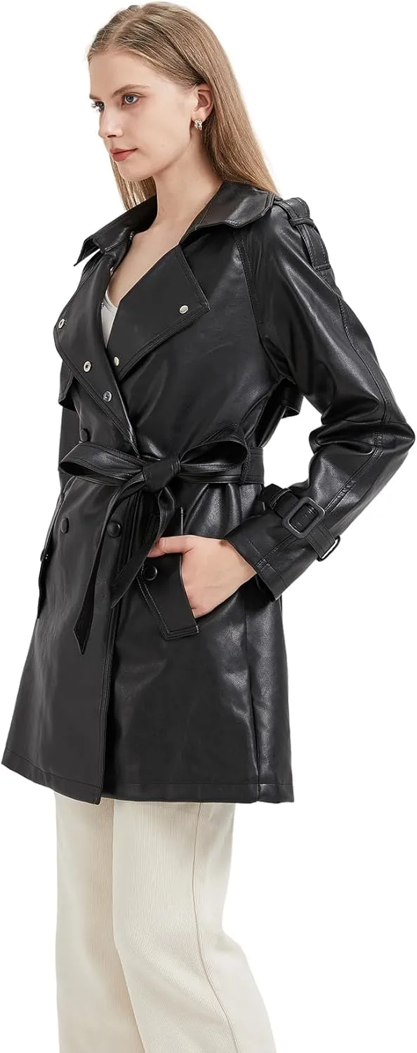 GRAN ORIENTE Women's Faux Leather Trench Coat Overcoat with Detachable Fur Collar,Winter Mid Length Pea Coat Belted Jacket