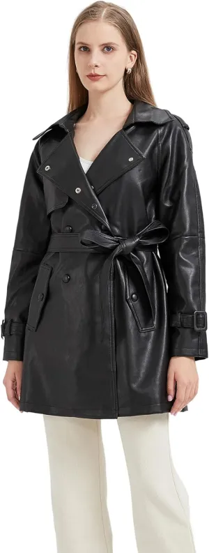 GRAN ORIENTE Women's Faux Leather Trench Coat Overcoat with Detachable Fur Collar,Winter Mid Length Pea Coat Belted Jacket