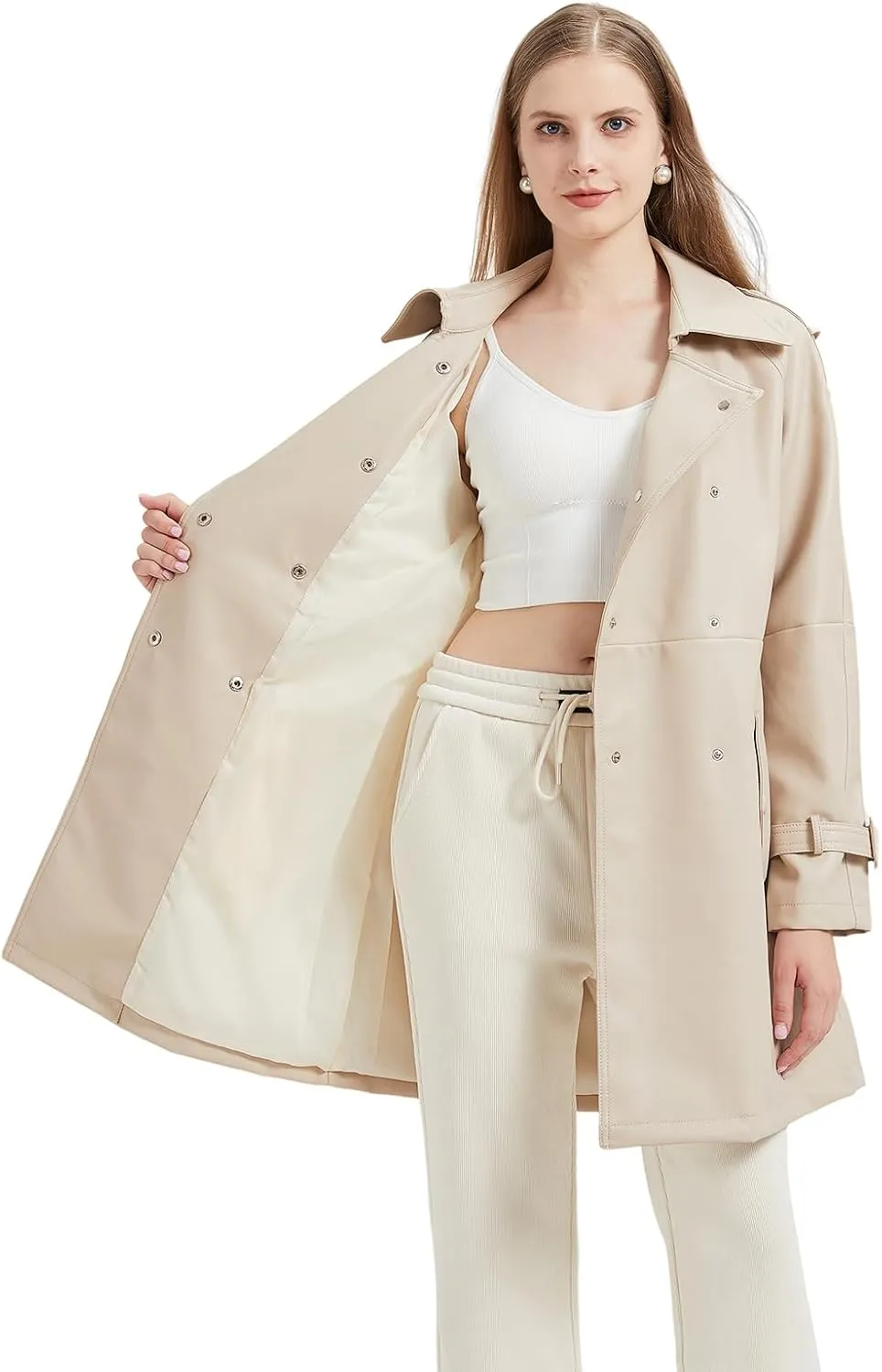 GRAN ORIENTE Women's Faux Leather Trench Coat Overcoat with Detachable Fur Collar,Winter Mid Length Pea Coat Belted Jacket
