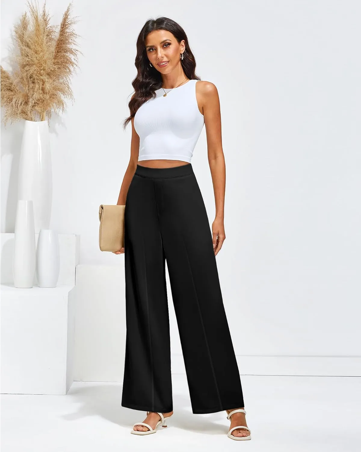 GRAPENT Wide Leg Dress Pants Women High Waisted Pull On Business Casual Work Pants Elastic Waist Dressy Trousers Pockets