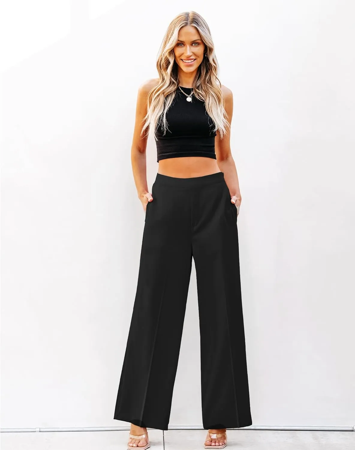 GRAPENT Wide Leg Dress Pants Women High Waisted Pull On Business Casual Work Pants Elastic Waist Dressy Trousers Pockets