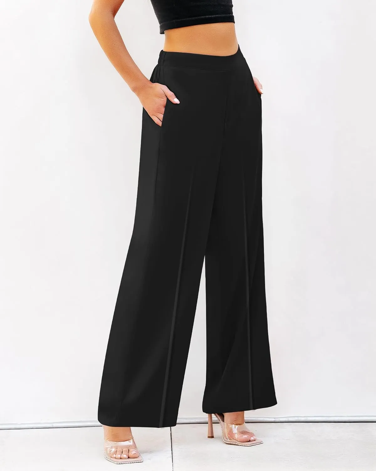 GRAPENT Wide Leg Dress Pants Women High Waisted Pull On Business Casual Work Pants Elastic Waist Dressy Trousers Pockets