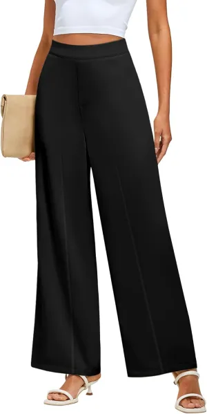 GRAPENT Wide Leg Dress Pants Women High Waisted Pull On Business Casual Work Pants Elastic Waist Dressy Trousers Pockets