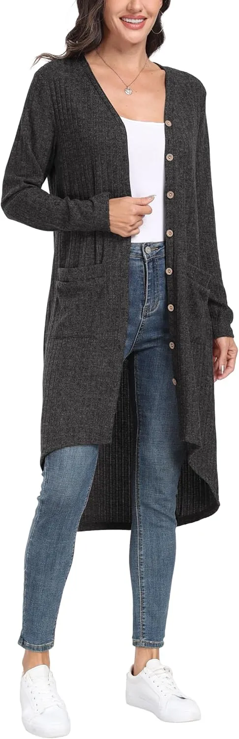 GRECERELLE Womens Cardigans Lightweight 2025 Long Sleeve Button Down Duster Casual Long Cardigan Outerwear with Pockets